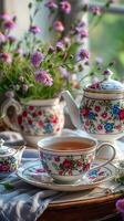 ai gegenereerd foto thee reeks met elegant bloemen serviesgoed vergezeld door mooi bloemen verticaal mobiel behang