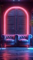 ai gegenereerd modern lounge met dubbel leer couches lit door levendig neons verticaal mobiel behang foto