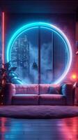 ai gegenereerd futuristische leven kamer met strak leer banken onder blauw neon verticaal mobiel behang foto