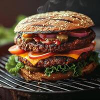 ai gegenereerd heerlijk vegetarisch hamburger opgestapeld hoog met hartig fabriek gebaseerd toppings voor sociaal media post grootte foto