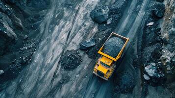 ai gegenereerd Open pit de mijne industrie, groot geel mijnbouw vrachtauto voor steenkool antraciet foto