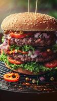ai gegenereerd heerlijk vegetarisch hamburger opgestapeld hoog met hartig fabriek gebaseerd toppings verticaal mobiel behang foto