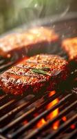 ai gegenereerd watertanden barbecue vlees kookt naar perfectie, verleidelijk zintuigen verticaal mobiel behang foto