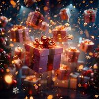 ai gegenereerd magisch Kerstmis verrassing vliegend geschenk dozen cascade in feestelijk chaos voor sociaal media post grootte foto