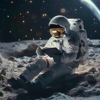 ai gegenereerd ruimte literatuur astronaut ondergedompeld in lezing Aan de manen oppervlakte voor sociaal media post grootte foto