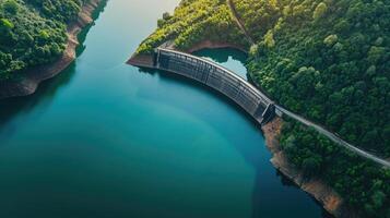 ai gegenereerd water dam en reservoir meer antenne panoramisch visie foto