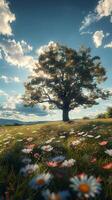 ai gegenereerd zomer gelukzaligheid expansief bloem veld- met majestueus boom tegen blauw lucht verticaal mobiel behang foto