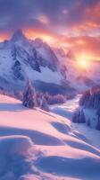 ai gegenereerd betoverend besneeuwd landschap zonsopkomst verlicht majestueus berg pieken verticaal mobiel behang foto