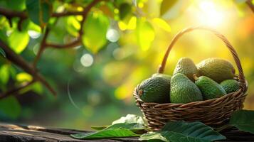 ai gegenereerd avocado in mand met bladeren Aan houten tafel en avocado boom boerderij met zonlicht achtergrond. foto