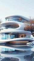 ai gegenereerd foto strak modern woning futuristische huis ontwerp tegen ongerept wit backdrop verticaal mobiel behang