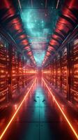 ai gegenereerd foto futuristische gegevens hub gloeiend lichten verlichten Geavanceerd server infrastructuur verticaal mobiel behang