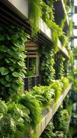 ai gegenereerd aard tintje in de stad mooi groen planten floreren downtown verticaal mobiel behang foto