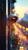 ai gegenereerd toezicht opstelling cctv veiligheid camera gepositioneerd door venster, achtergrond wazig verticaal mobiel behang foto