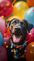 ai gegenereerd hoektand viering hond omringd door feestelijk ballonnen en decoraties verticaal mobiel behang foto