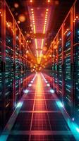 ai gegenereerd foto futuristische gegevens hub gloeiend lichten verlichten Geavanceerd server infrastructuur verticaal mobiel behang