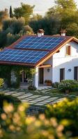 ai gegenereerd energie doeltreffend huis huis Kenmerken bitumineus tegel dak, markeren hernieuwbaar energie verticaal mobiel behang foto