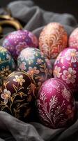 ai gegenereerd lente traditie groep van versierd Pasen eieren voor vieringen verticaal mobiel behang foto