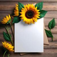 ai gegenereerd leeg groet kaart mockup Aan houten achtergrond met de decoratie van zonnebloemen gedurende voorjaar foto