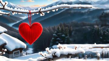 ai gegenereerd een wollen gebreid rood hart is gepresenteerd in winter landschap vertegenwoordigen Valentijnsdag dag foto
