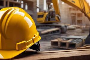 ai gegenereerd een geel helm is gepresenteerd met een achtergrond van bouw plaats vertegenwoordigen Internationale arbeid dag foto