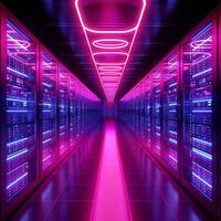 ai gegenereerd hoog tech server faciliteit gegevens centrum in levendig neon kleuren voor sociaal media post grootte foto