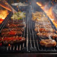 ai gegenereerd grillen perfectie watertanden rundvlees en kip steaks verschroeiend over- vlammen voor sociaal media post grootte foto