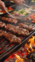 ai gegenereerd vlam gekust barbecue sappig rundvlees en kip steaks Koken buitenshuis verticaal mobiel behang foto