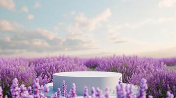 ai gegenereerd blanco Product Scherm podium met Purper bloei van lavendel veld- Aan achtergrond. schoonheid huidsverzorging schoonheidsmiddelen presentatie. biologisch natuurlijk concept. foto