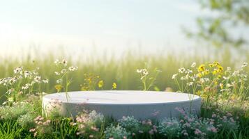 ai gegenereerd achtergrond tafereel met leeg houten podium platform en wazig voorjaar bloemen veld. schoonheid Product Scherm. biologisch natuurlijk concept. bespotten omhoog, spa. foto