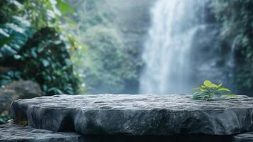 ai gegenereerd blanco Product podium van steen. cilinder staan concept. wazig Bali natuur met waterval achtergrond, schoonheid huidverzorging, technologie producten Scherm. foto