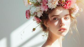 ai gegenereerd mooi mode portret van jong vrouw met zomer bloemen in kapsel. licht achtergrond met zonlicht en schaduwen. foto