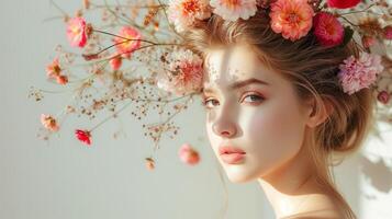 ai gegenereerd mooi mode portret van jong vrouw met zomer bloemen in kapsel. licht achtergrond met zonlicht en schaduwen. foto