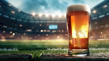 ai gegenereerd glas van bier Aan Amerikaans voetbal stadion achtergrond foto