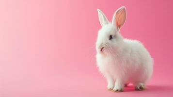 ai gegenereerd voorkant visie van wit konijn , roze achtergrond foto