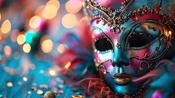 ai gegenereerd carnaval maskerade optocht masker Aan wazig donker blauw achtergrond met bokeh lichten en slingers. kopiëren ruimte. voor Venetiaanse kostuum festival viering, uitnodiging, Promotie. foto