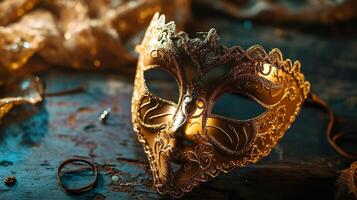 ai gegenereerd mooi gouden carnaval maskerade optocht masker Aan wazig donker blauw achtergrond met bokeh lichten. kopiëren ruimte. voor Venetiaanse kostuum festival viering, uitnodiging, Promotie. foto