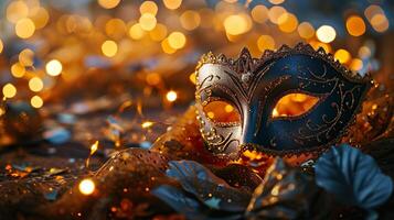 ai gegenereerd gouden Venetiaanse carnaval maskerade optocht masker Aan wazig donker blauw achtergrond met oranje lichten. kopiëren ruimte. voor kostuum festival viering, uitnodiging, Promotie. foto