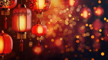 ai gegenereerd Chinese nieuw jaar achtergrond met lampen en bokeh lichten foto