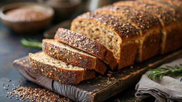 ai gegenereerd multi graan zuurdesem brood met vlas zaden besnoeiing Aan een houten bord, detailopname visie. gezond veganistisch brood keuze foto