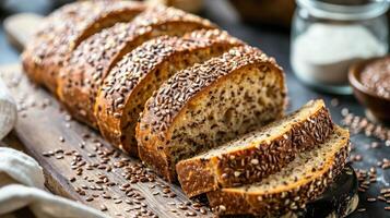 ai gegenereerd multi graan zuurdesem brood met vlas zaden besnoeiing Aan een houten bord, detailopname visie. gezond veganistisch brood keuze foto
