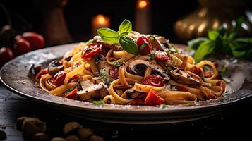 ai gegenereerd pasta met paddestoelen, tomaten versierd met peterselie basilicum. portie luxe Italiaans keuken voedsel in een restaurant. foto