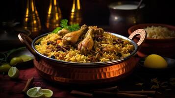 ai gegenereerd pittig kip biryani keuken in een glimmend zilver schaal, authentiek Indisch voedsel, portie luxe voedsel in een restaurant. foto