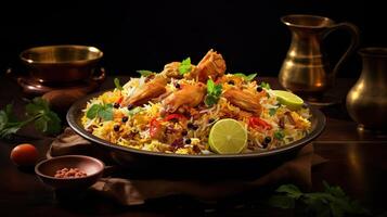 ai gegenereerd dichtbij omhoog van rijst- kip biryani, pittig kerrie en aromatisch smaken, authentiek Indisch voedsel, portie luxe voedsel in een restaurant. foto