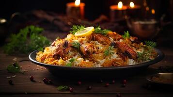 ai gegenereerd dichtbij omhoog van rijst- kip biryani, pittig kerrie en aromatisch smaken, authentiek Indisch voedsel, portie luxe voedsel in een restaurant. foto
