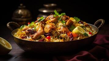 ai gegenereerd kip biryani in een glimmend zilver schaal, pittig kerrie en aromatisch smaken, authentiek Indisch voedsel, portie luxe voedsel in een restaurant. foto