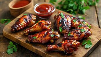 ai gegenereerd gegrild kip Vleugels met ketchup en sauzen Aan een houten bord. traditioneel gebakken bbq foto