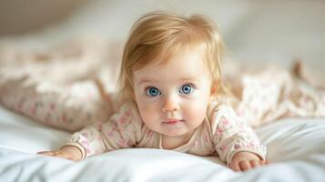 ai gegenereerd schattig aanbiddelijk baby meisje aan het liegen Aan de bed foto