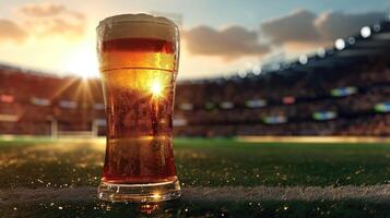 ai gegenereerd glas van bier Aan Amerikaans voetbal stadion achtergrond foto
