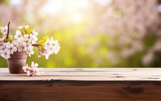 ai gegenereerd leeg houten tafel, Scherm met voorjaar natuur thema achtergrond. mooi bloeiend kers takken. kopiëren ruimte voor Product presentatie, vitrine. ai generatief foto