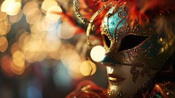 ai gegenereerd kleurrijk carnaval maskerade optocht masker Aan wazig donker blauw achtergrond met bokeh lichten. kopiëren ruimte. voor Venetiaanse kostuum festival viering, uitnodiging, Promotie. foto